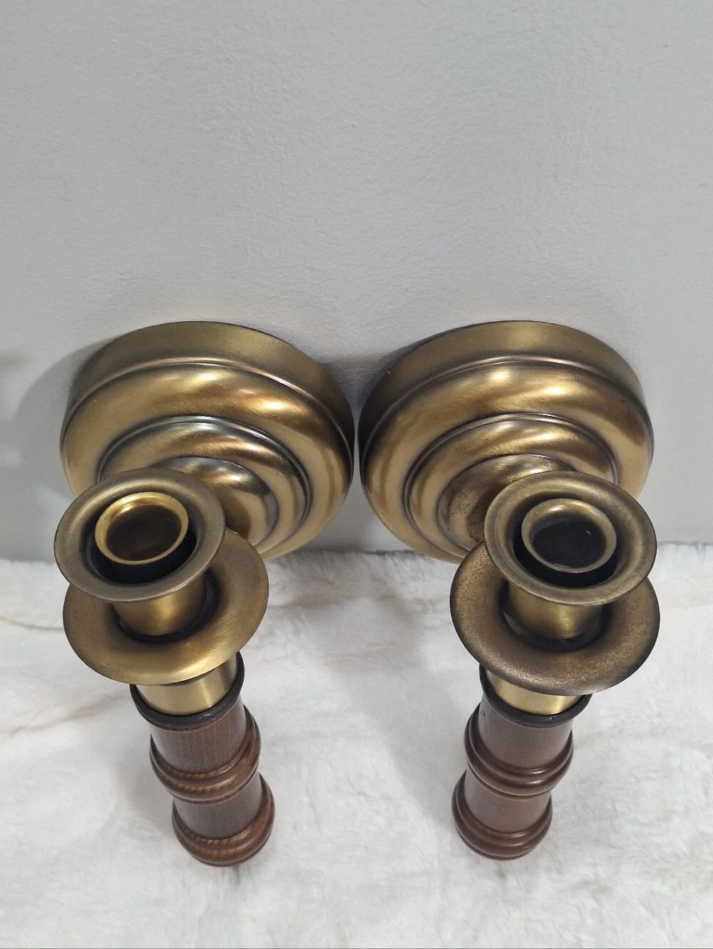 Vtg Set Of 2 Homco Wood & Antique Brass Tone Wall Sconces Candlestick Holders